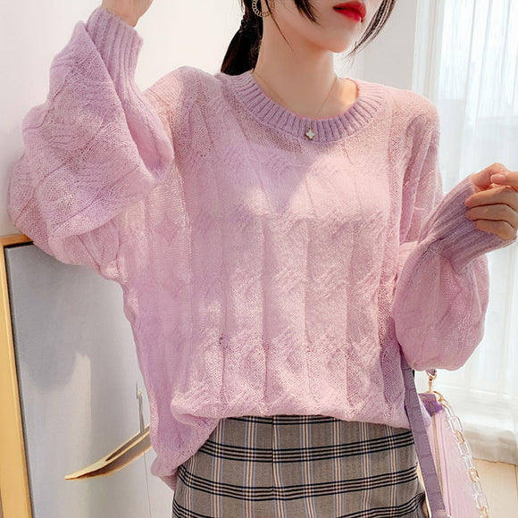 Suéter Tejido Fino Oversized Cuello Redondo Calado