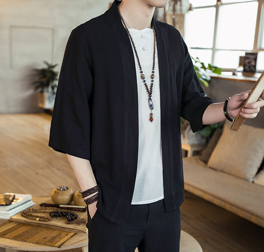 Camisa Cardigan Hanfu de Algodón y Lino - Estilo Asiático Manga 3/4 Hombre - Image 14