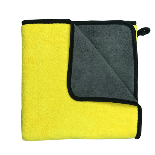 Yellow microfiber pet drying towel with black trim draped over a bathtub, with a golden retriever, poodle, and cat. - Image 15