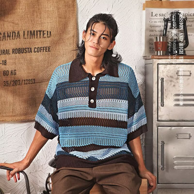 Playera Retro de Punto con Cuello Solapa y Detalles Calados
