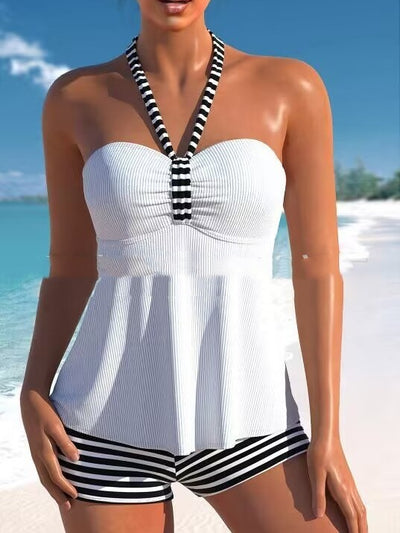 Green ribbed off-shoulder tankini top with striped halter strap and black and white striped boy short swimsuit. - Image 5