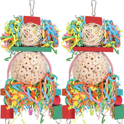 Colorful parrot toy with a woven straw ball, wooden beads, and shredded paper, designed for chewing and entertainment. - Image 2
