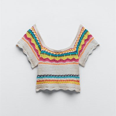 Blusa Tejida Colorblock a Rayas con Mangas Cortas Caladas - Image 6