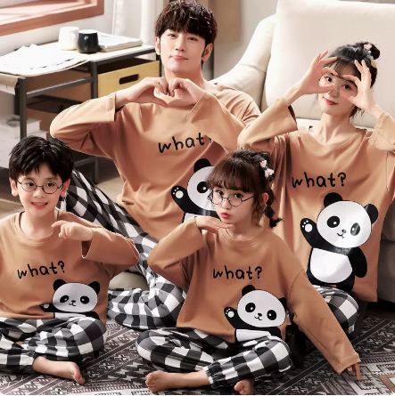 Family of four wearing matching yellow long-sleeved cotton pajamas with a cute panda design and "HUG ME!" text. - Image 5