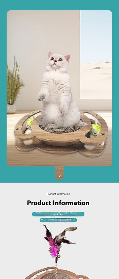 Multi-level cat scratcher with a round corrugated cardboard surface, a wooden track with a green ball, and a pink feather wand with a bell. - Image 9
