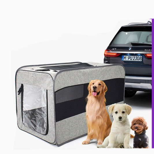 Blue soft-sided pet travel carrier bag with mesh windows, shown assembled and folded flat for storage.