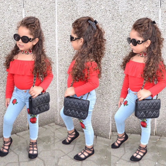 Conjunto Infantil Elegante: Blusa Roja Hombro Descubierto + Pantalón Rosa - Image 8