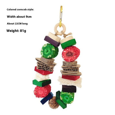 Natural wooden and rattan hanging pet chew toy with cardboard and loofah pieces for parrots, hamsters, or rabbits. - Image 7