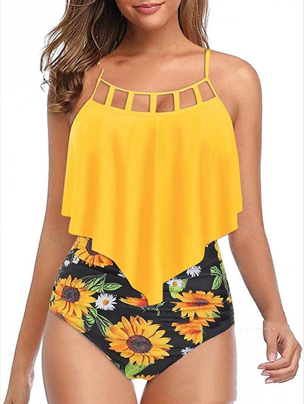 Bikini Talle Alto con Volantes y Estampado Girasoles Europeo