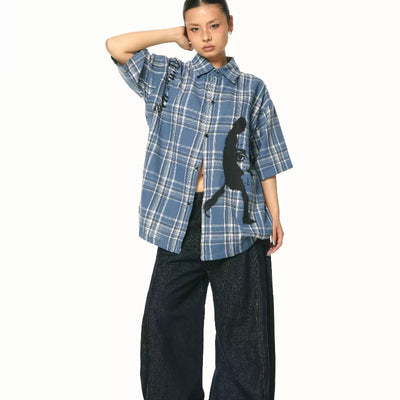 Camisa Cuadriculada Azul Holgada de Manga Corta - Image 10