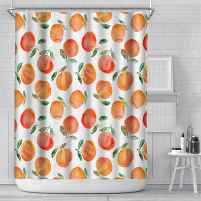Shower curtain with a vibrant digital print of orange berries and green leaves on a light blue background, in a modern bathroom. - Image 8