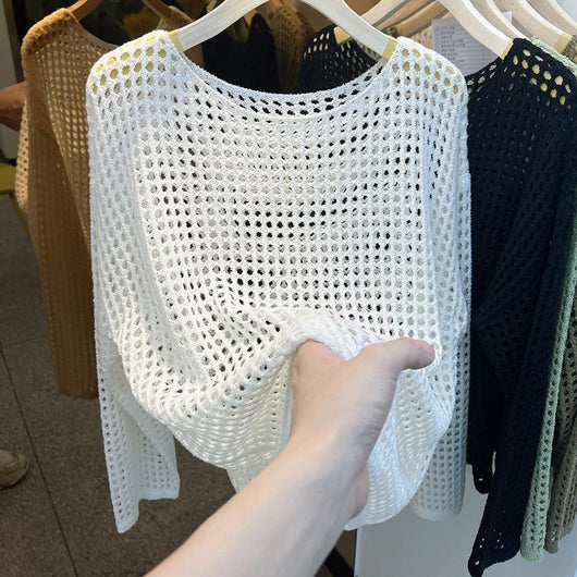 Blusa de Malla Calada Cuello Redondo Manga Larga - Image 6