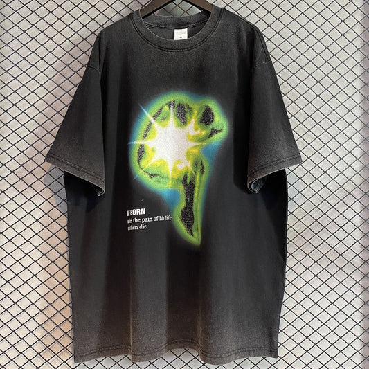 Camiseta Hip Hop Estilo Europeo Degradado Desgastado Retro Oversize
