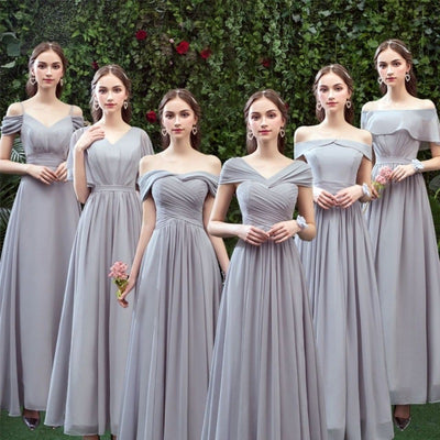 Vestido Largo Gris para Damas de Honor - Diseño Elegante Hombro Descubierto