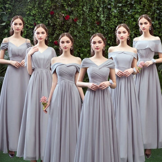 Vestido Largo Gris para Damas de Honor - Diseño Elegante Hombro Descubierto