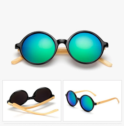 Round black frame sunglasses with gray lenses and light wood bamboo temples, shown from multiple angles. - Image 24