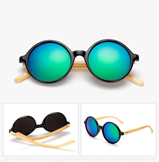 Round black frame sunglasses with gray lenses and light wood bamboo temples, shown from multiple angles. - Image 24