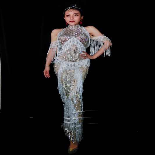 Vestido de Danza Completo con Flecos de Diamantes para Presentaciones