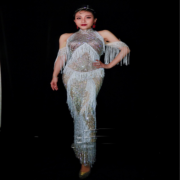Vestido de Danza Completo con Flecos de Diamantes para Presentaciones