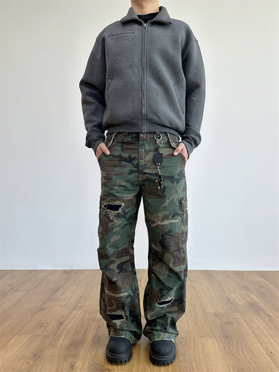Pantalones Cargo Militares Desgastados con Bordados y Corte Recto Holgado - Image 11