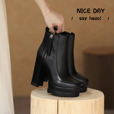 Botas Tobilleras de Cuero con Plataforma y Tacón Grueso - Image 3