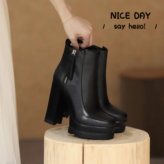 Botas Tobilleras de Cuero con Plataforma y Tacón Grueso - Image 3