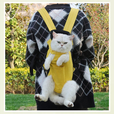 Denim blue pet carrier backpack with open head and leg holes, featuring breathable mesh and a front pocket. - Image 15