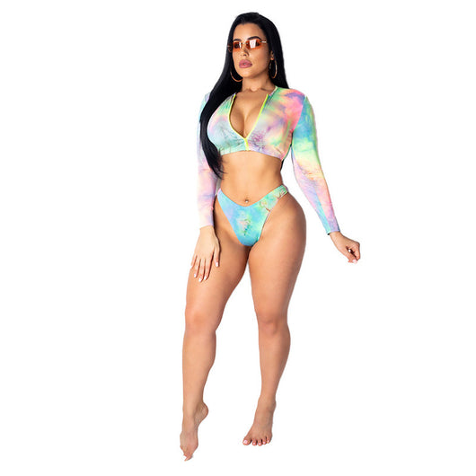 Women's tie-dye long-sleeve crop top swimsuit with high-cut bikini bottoms, featuring a colorful print. - Image 14