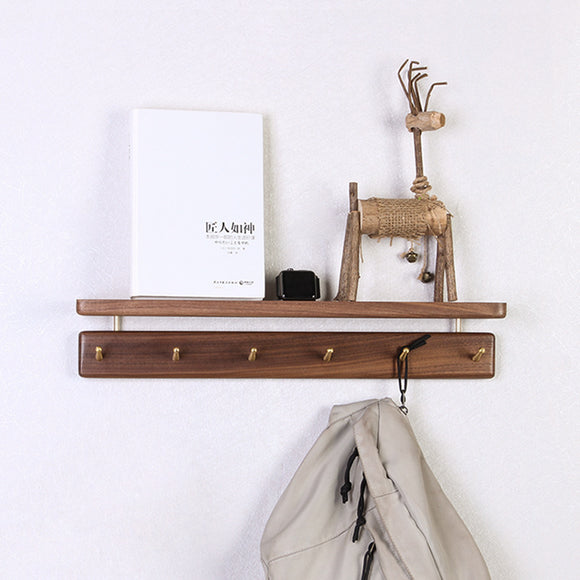 Perchero de Pared Nórdico en Madera Maciza con Ganchos de Latón - Estilo Japonés Nogal Negro