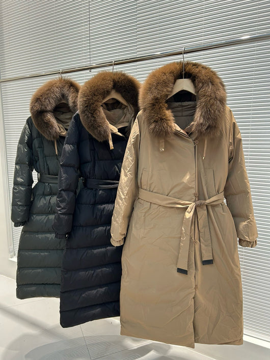 Abrigo Reversible Largo con Capucha y Cintura Ajustable para Mujer - Image 10