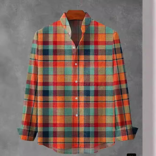Camisa de Cuadros con Cuello Mao Manga Larga para Hombre - Image 2