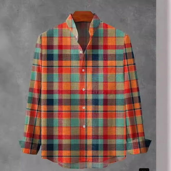 Camisa Xadrez Masculina de Manga Longa com Gola Mao