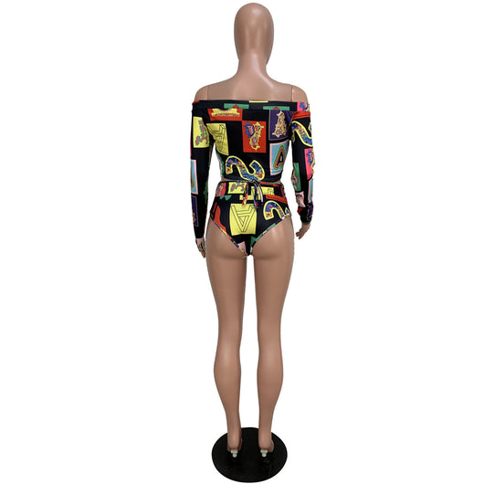 Women's colorful geometric print long-sleeve off-the-shoulder crop top and high-waisted bikini bottom swimsuit. - Image 8