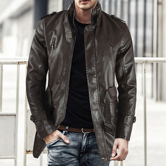 Abrigo de Cuero para Hombre con Cuello Alzado y Forro Polar