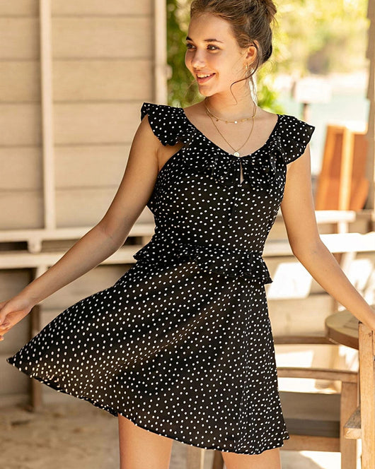 Vestido Espalda Descubierta con Lunares y Volantes en Gasa de Cintura Alta - Image 3
