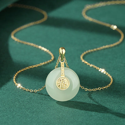 Collar de Jade Hetian con Símbolo Fu - Estilo Chino Retro en Plata de Ley y Oro de 18K - Image 3