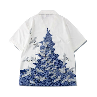 Camisa Suelta Estampada Grúa Azul y Blanco Manga Corta - Image 4