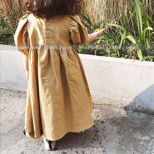 Vestido Retro Infantil de Cintura Alta con Mangas Abullonadas - Image 5