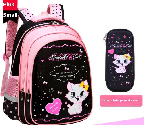 Kids black and pink backpack with a cute white cat print, paired with a matching lunch bag. - Image 13