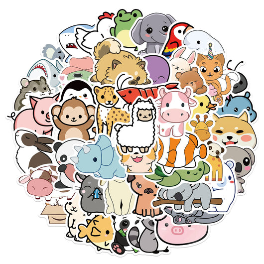 A large collection of cute cartoon animal stickers, including a monkey, pig, shark, penguin, elephant, and more, arranged in a circle. - Image 10