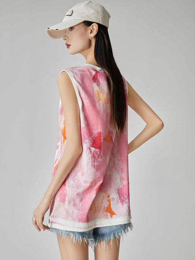Blusa Suelta sin Mangas Estampado Acuarela Floral Rosa para Mujer - Image 4
