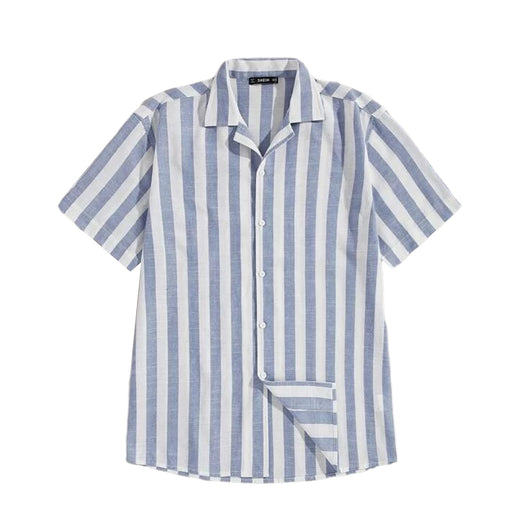 Camisa de Rayas Algodón y Lino con Cuello Solapa y Mangas Cortas - Image 9