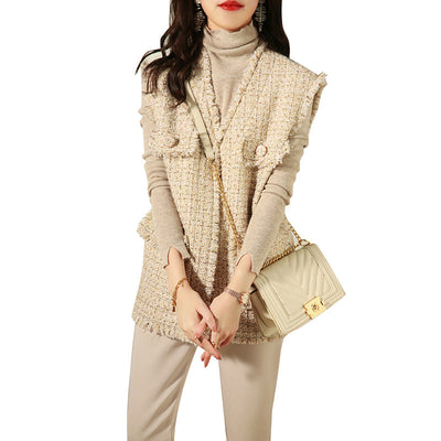Chaleco de Tweed y Lana con Lentejuelas Doradas para Mujer
