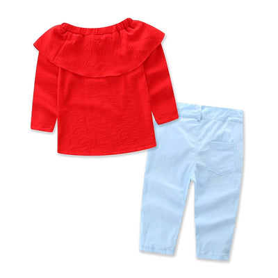 Conjunto Infantil Elegante: Blusa Roja Hombro Descubierto + Pantalón Rosa - Image 9
