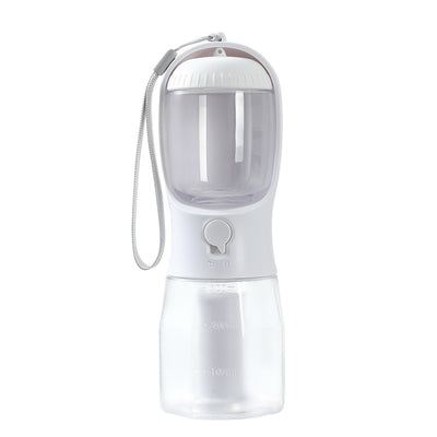 Purple 3-in-1 portable pet water bottle with food compartment, waste bag dispenser, and lanyard. - Image 13