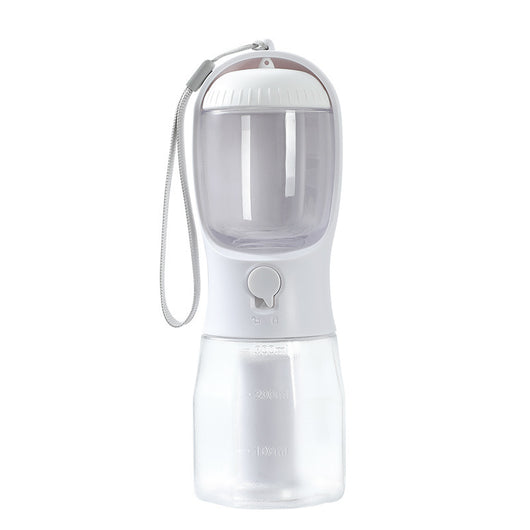 Purple 3-in-1 portable pet water bottle with food compartment, waste bag dispenser, and lanyard. - Image 13