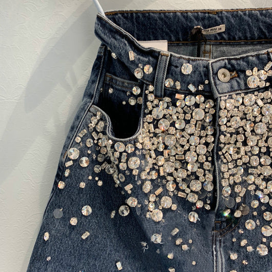 Falda Denim con Abertura Frontal, Perlas y Diamantes - Image 7