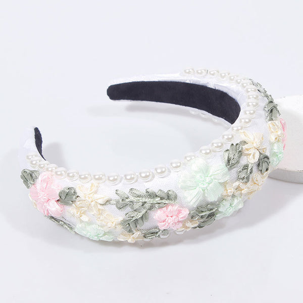 Diadema Retro con Perlas Sintéticas y Tejido Floral Tejido - Image 3