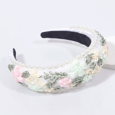 Diadema Retro con Perlas Sintéticas y Tejido Floral Tejido - Image 3