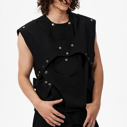 Chaleco Negro de Diseño Deconstruido en Poliéster
